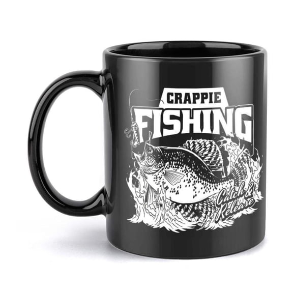 1pc Crappie Fishing Ceramic Coffee Mug 11oz Black with White Fish Design Catch Release Art Durable Ceramic Cup Hot Beverages Anglers Outdoor Enthusiasts Classic Coffee Cup Outdoor Enthusiast Gear