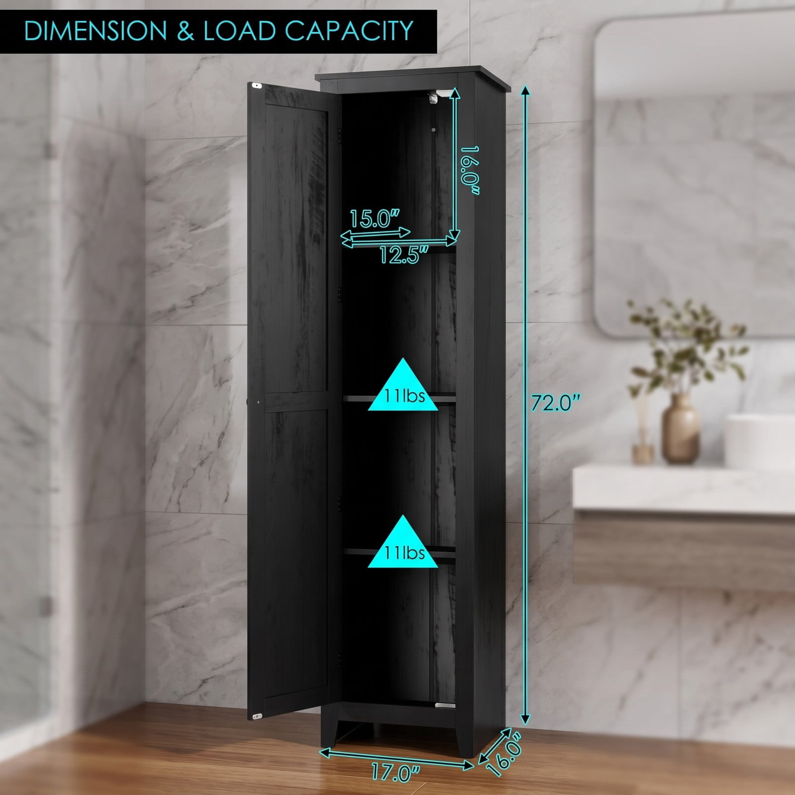 Fenbeli Linen Tower Bathroom Storage Cabinet, Tall Slim Freestanding Floor Organizer with 4 Shelves, Anti-Tip Side Storage Cabinet with Door and Magnetic, Black