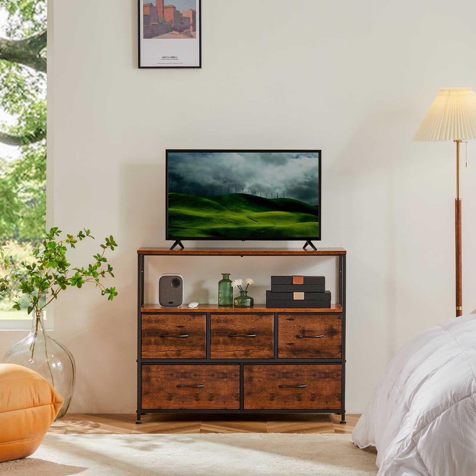 Nextay TV Stand Dresser with 5 Fabric Drawers, Small Media Console with Open Shelf for 45-Inch TV, Storage Organizer for Bedroom, Dorm, or Living Room