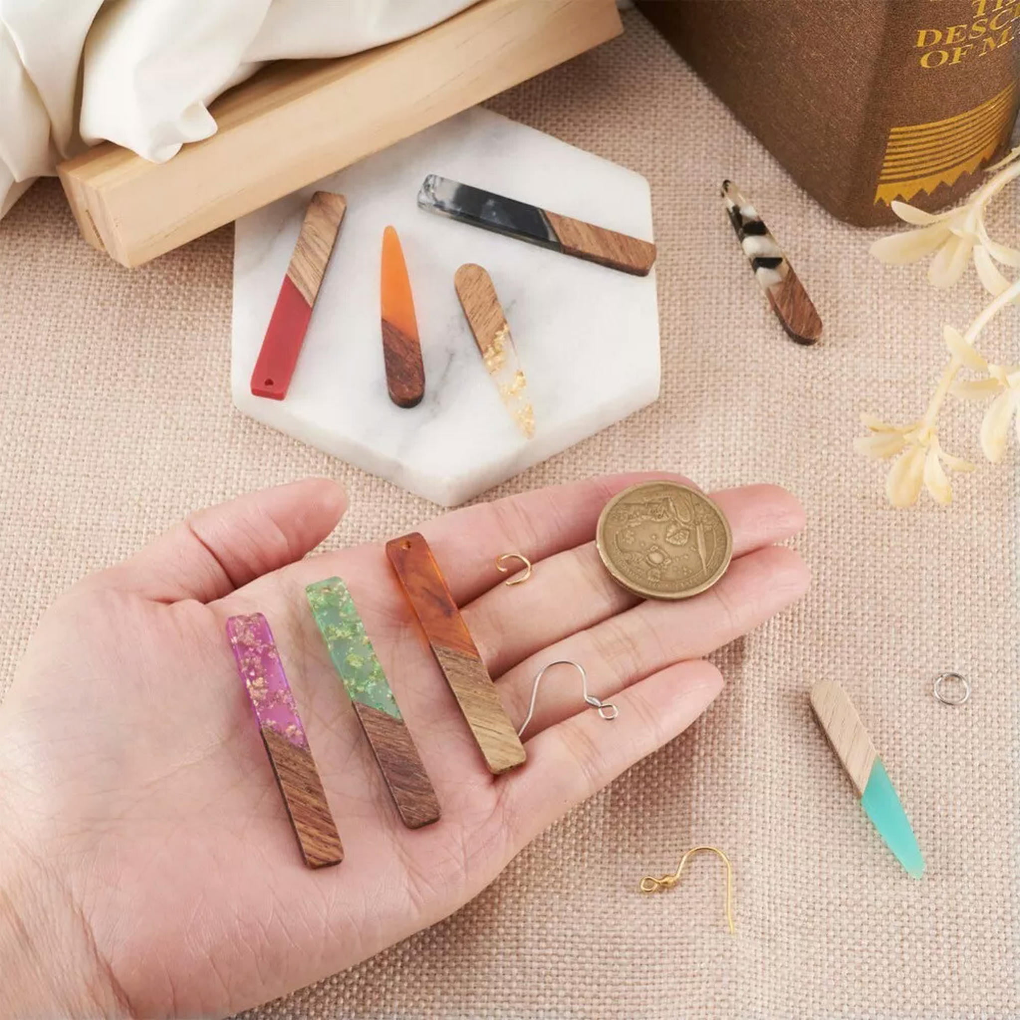 U8MO 1 Box Resin Wood Pendants Rectangle Teardrop Dangle French Earrings Making Kit