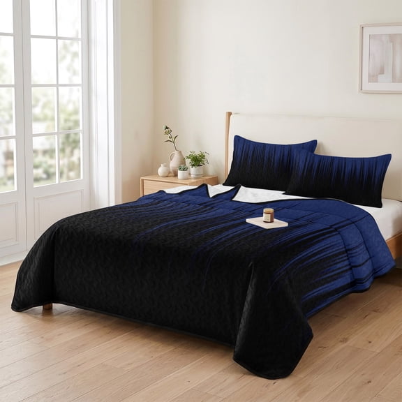 king Quilt Bedding Set, Navy Blue Black Striped Line Lightweight Coverlet Summer Comforter Set Soft Microfiber Bedspread, Abstract Gradient Style 3 Piece Quilt Set with 2 Pillow Shams All Seasons Use