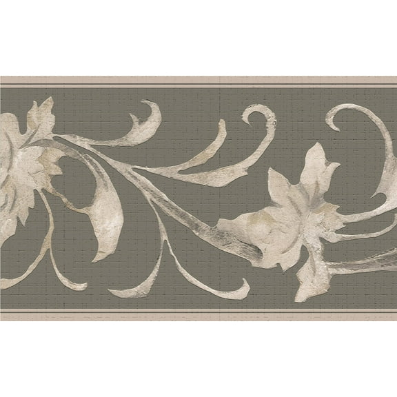 Dundee Deco's Peel and Stick Wallpaper Border - Abstract Green Off-White Damask Vines Wall Border Retro Design, 15 ft x 7 in, Self Adhesive