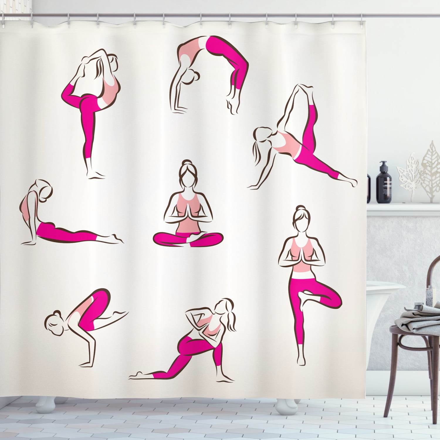 Yoga Shower Curtain, Yoga and Pilates Poses Symbols Healthcare Fitness