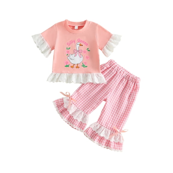BemeyourBBs Toddler Baby Girl Silly Goose Outfits Infant Baby Girls Spring Summer Fall Clothes Goose Themed Print Lace Patchwork Short Sleeve Shirt Tops and Plaid Flared Pants 2 Pcs Set