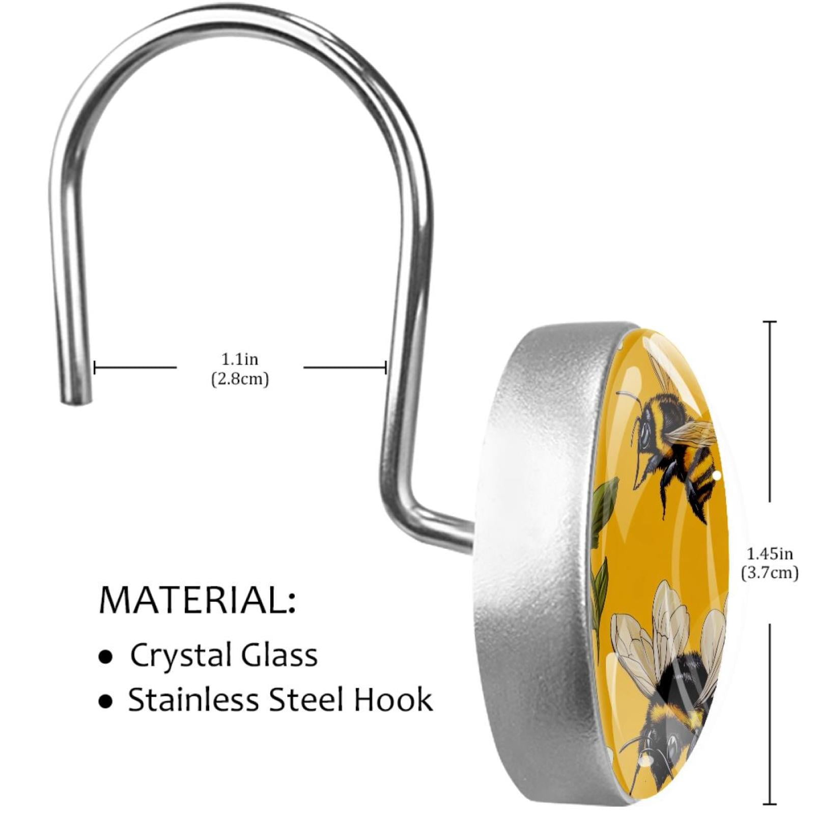 Honey Bees White Daisy Shower Curtain Hooks Round Crystal Glass, Set of 12 Shower Curtain Rings - Shower Hooks for Curtain Shower Rings