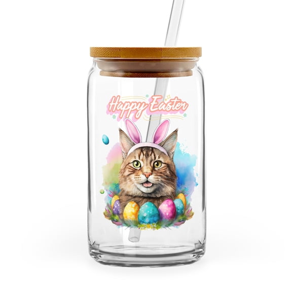 Happy Easter Maine Coon with Bunny Ear Headband and Flowers 16oz Glass Cup Mug Cat Lover Kitten Owner Gifts Glass Can with Bamboo Lid and Straw - 13001