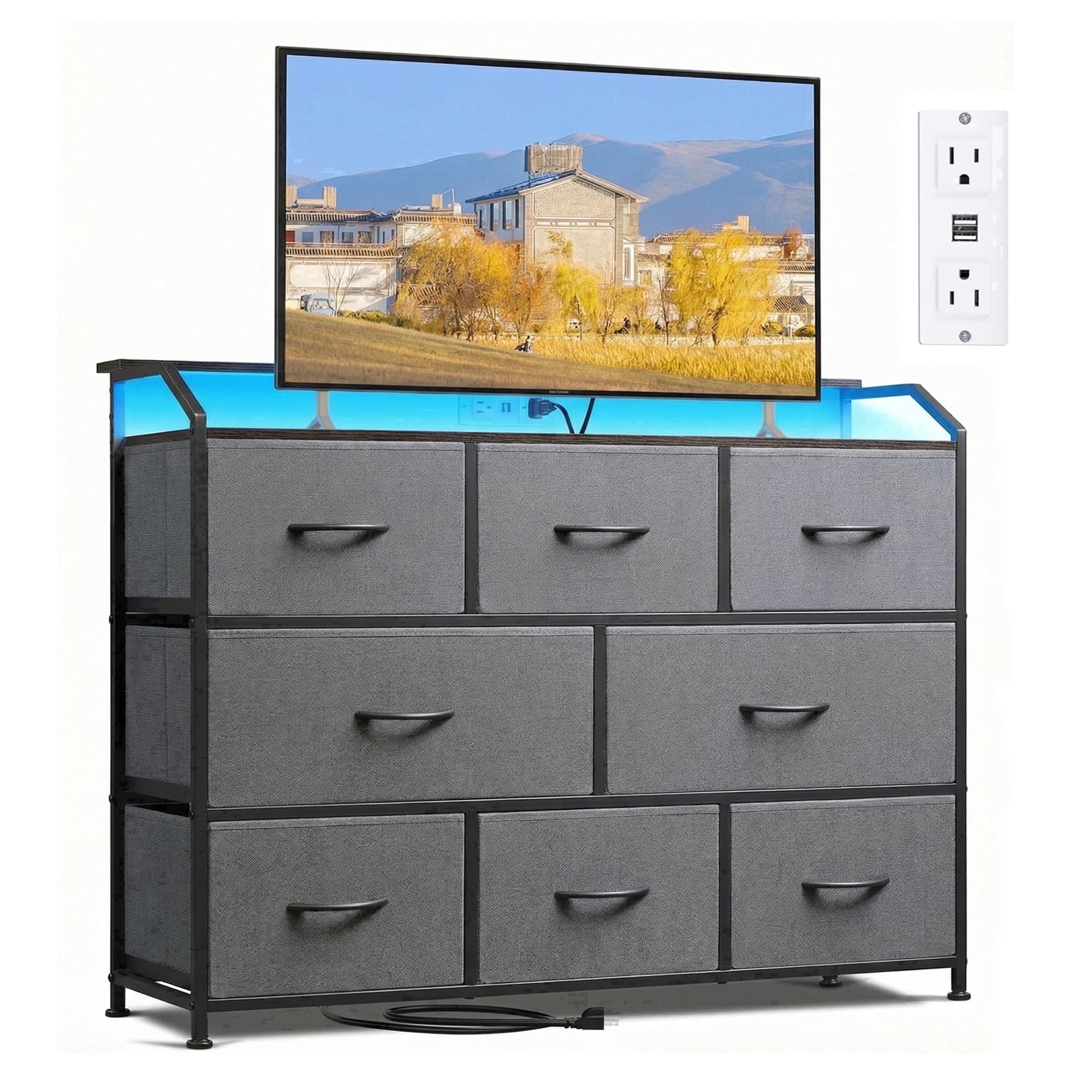 edx 8-Drawer Fabric Dresser with Power Outlets & LED Light, Multifunctional TV Stand Storage Cabinet for Bedroom, Living Room, Office & Hallway, Gray
