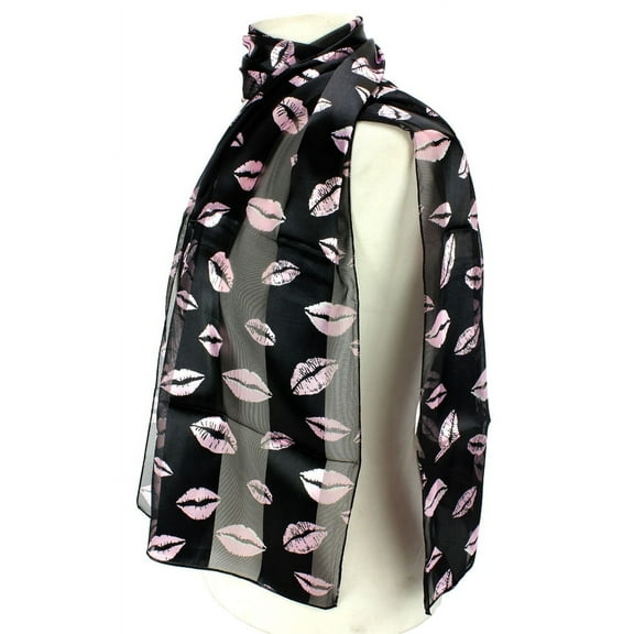 Scarf - Silk Feel Touch - Black w/ Pink Lips - SF-ON2018BK-PK