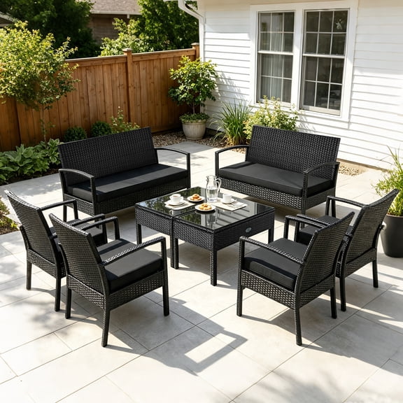 Costway 8 PCS Patio Rattan Furniture Set Cushioned Sofa Armrest Garden Black