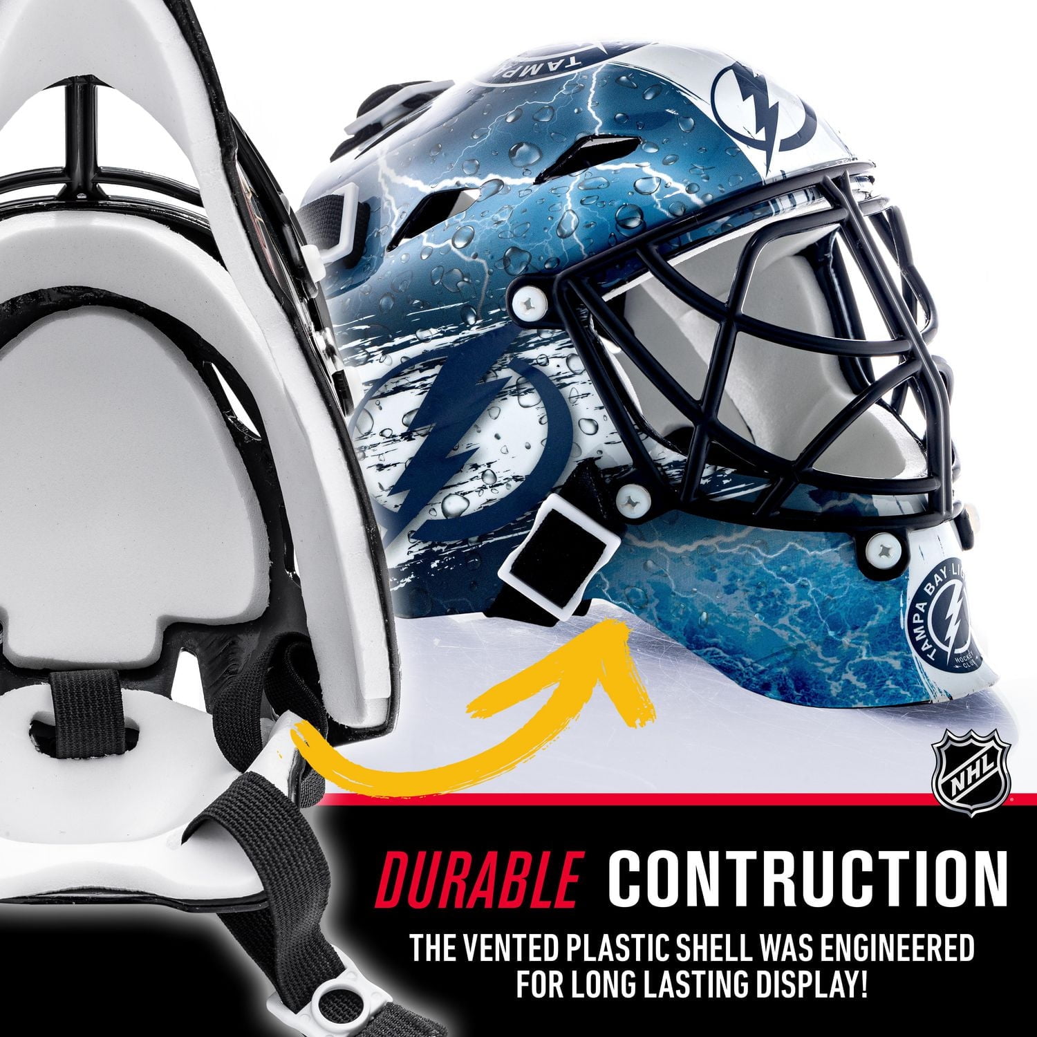 Franklin Sports Mini masque de gardien de but de hockey avec logo de l'équipe de la NHL de Lightning avec étui – Masque de gardien de but de collection avec logos et couleurs officiels de la NHL