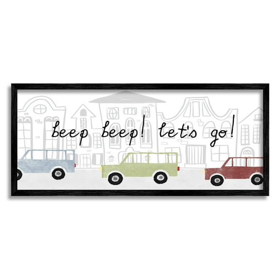 Stupell Industries Beep Let's Go Traffic Town Cityscape Cartoon Cars Graphic Art Black Framed Art Print Wall Art, Design by Daphne Polselli