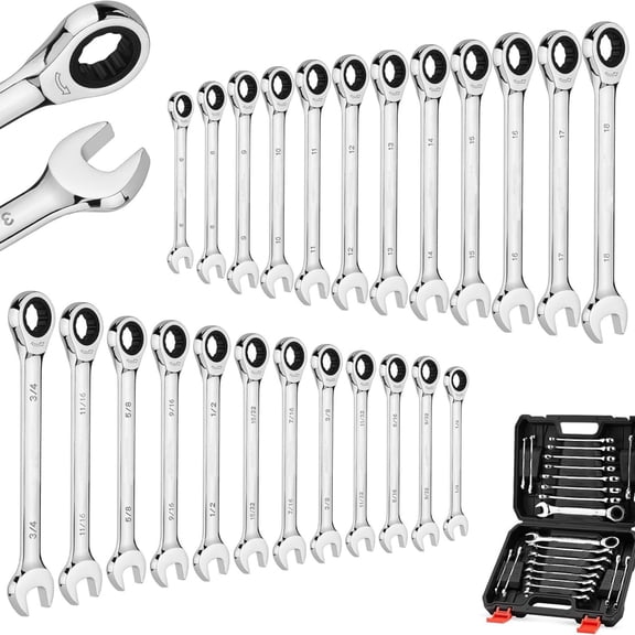 24-Piece Ratcheting Wrench Set | Metric and SAE | Ratchet Combination Wrenches Set with Organizer | 72-Tooth | Chrome Vanadium Steel | 6-18 mm & 1/4” to 3/4“ (24-Piece)