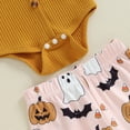 thumbnail image 6 of Infant Baby Girls Halloween Outfits Long Sleeve Bow Cami Romper Pumpkin Flare Pants Set Hairband Cute Fall Clothes, 6 of 8