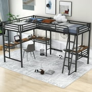 Euroco Metal L-Shaped Twin Size Loft Bed with Two Desk for Kids Teens Bedroom, Black