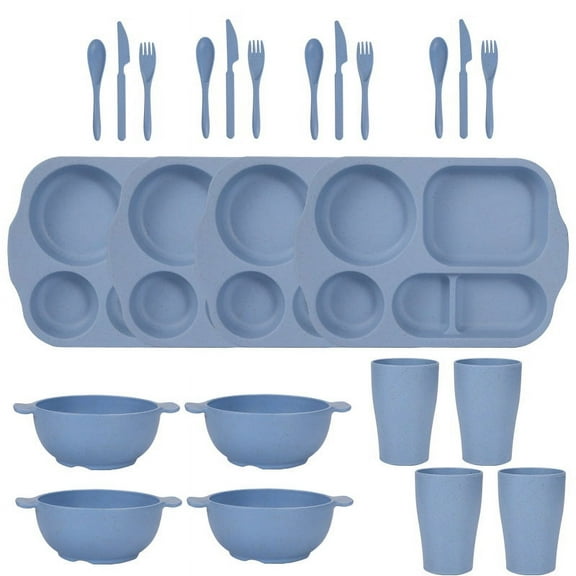 Namzi 24Pcs Wheat Straw Dinnerware Cutlery Sets, Divided Plates Unbreakable Bowl Microwave Dishwasher Safe Tableware Cutlery -Blue
