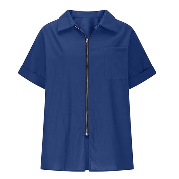 CUSTG Women Casual T-Shirts Simple Solid Color Summer T-Shirt With Collar Design Short Sleeved Full Zip Design And Fashionable T Shirt Relaxed Fit Tops