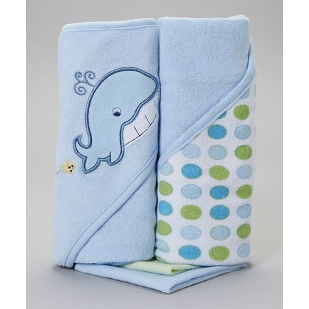 Spasilk 2 Hooded Towel 2 Washcloths Set, Blue Whale