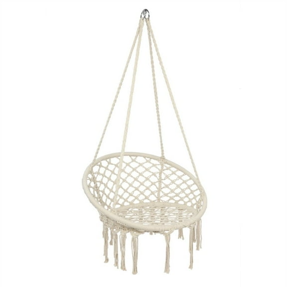 IVV Hanging Hammock Round Swing Chair, 220 lbs Capacity, Cotton Rope Swing Chair with Tassel Decor and Iron Ring for Bedroom, Balcony, Patio, Garden, Beige