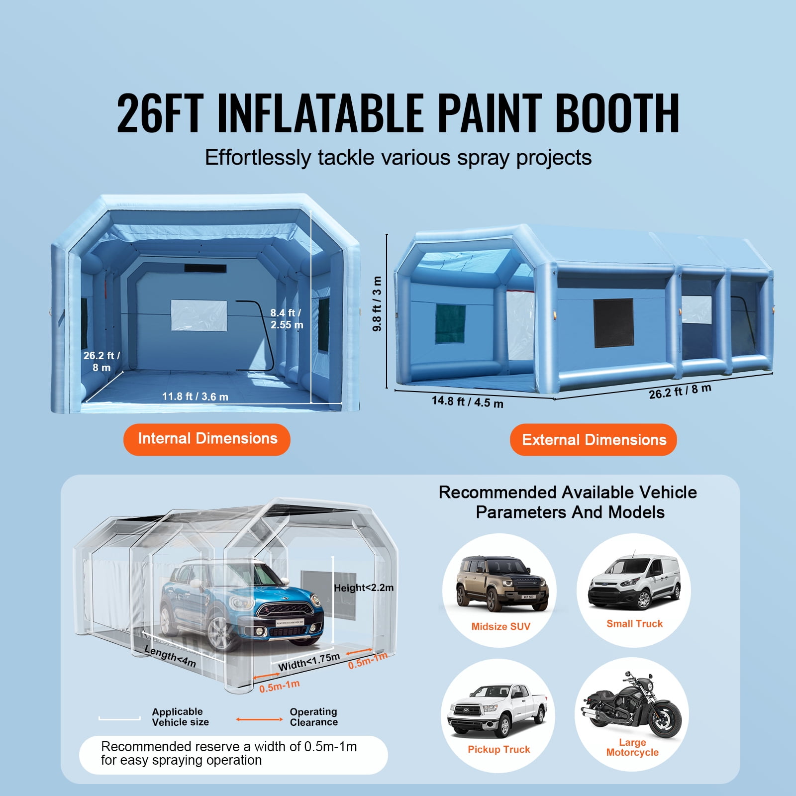 KFFKFF Inflatable Paint Booth, Dimensions 26.2 x 14.8 x 9.8 ft, Suitable for Small Trucks, Equipped with 950W+750W Robust Air Movers and Air Purification Mechanism