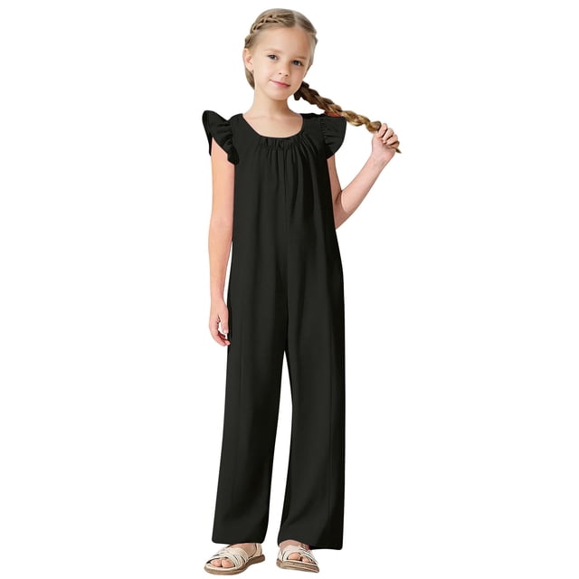 Diufon Combinaison Fille Manches à Volants Smockée Col Rond Pantalon Été Mignon avec Poches