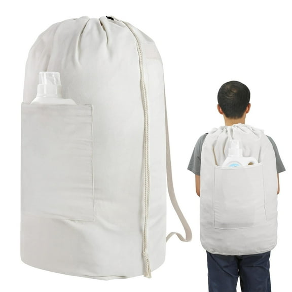 Canvas Laundry Bag, TSV Large Travel Laundry Backpack with Straps, Large Front Pocket, Drawstring Cotton Dirty Clothes Bag, Beige