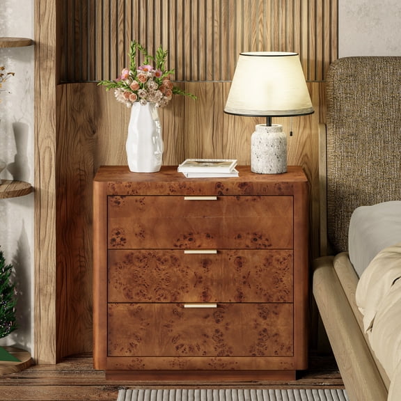 COZAYH Burl Finish 3 Drawer Nightstand, Rustic Farmhouse Dresser with Metal Handles, Vintage Accent Wood Storage Bedside Table for Bedroom, Fully Assembled, Dark Brown