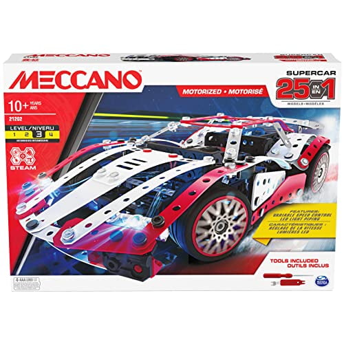 Meccano, 25-en-1 Motorisé Supercar Tige Modèle Kit de Construction avec 347 Pièces, de Vrais Outils et Lampes de Travail, Jouets pour Enfants pour les Âges 10 et Plus