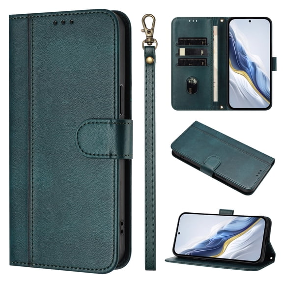 For iPhone 13 Wallet Flip Magnetic PU Leather Credit Card Holders Shockproof Full body Case [RFID Blocking Function][Folio Kickstand Feature][Wrist Strap] Phone Cover,Darkgreen