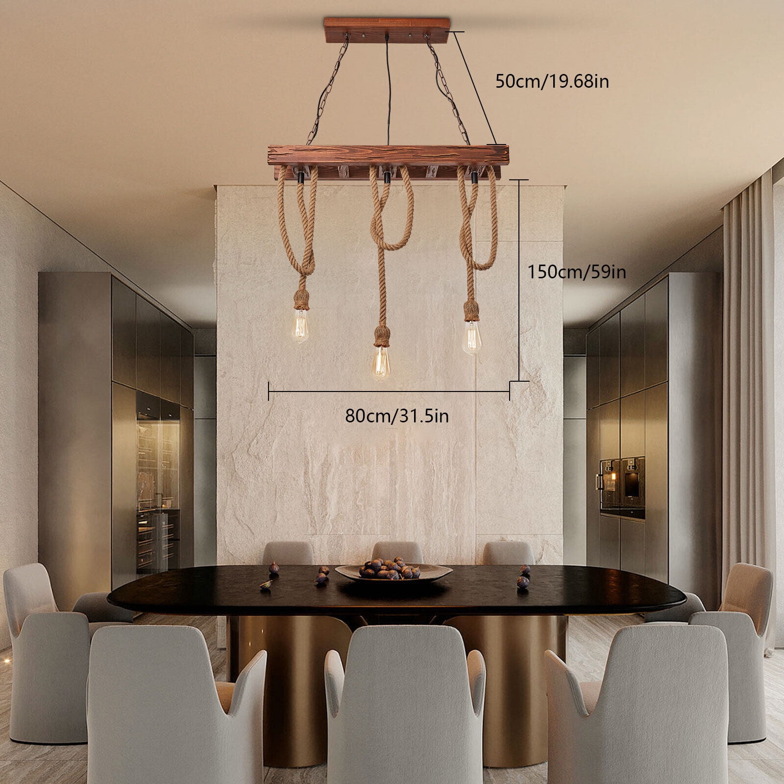 31.5" Farmhouse Wood Pendant Light Chandelier Lighting Iron Hanging Fixture 3 Heads Kitchen Pendant Lamp