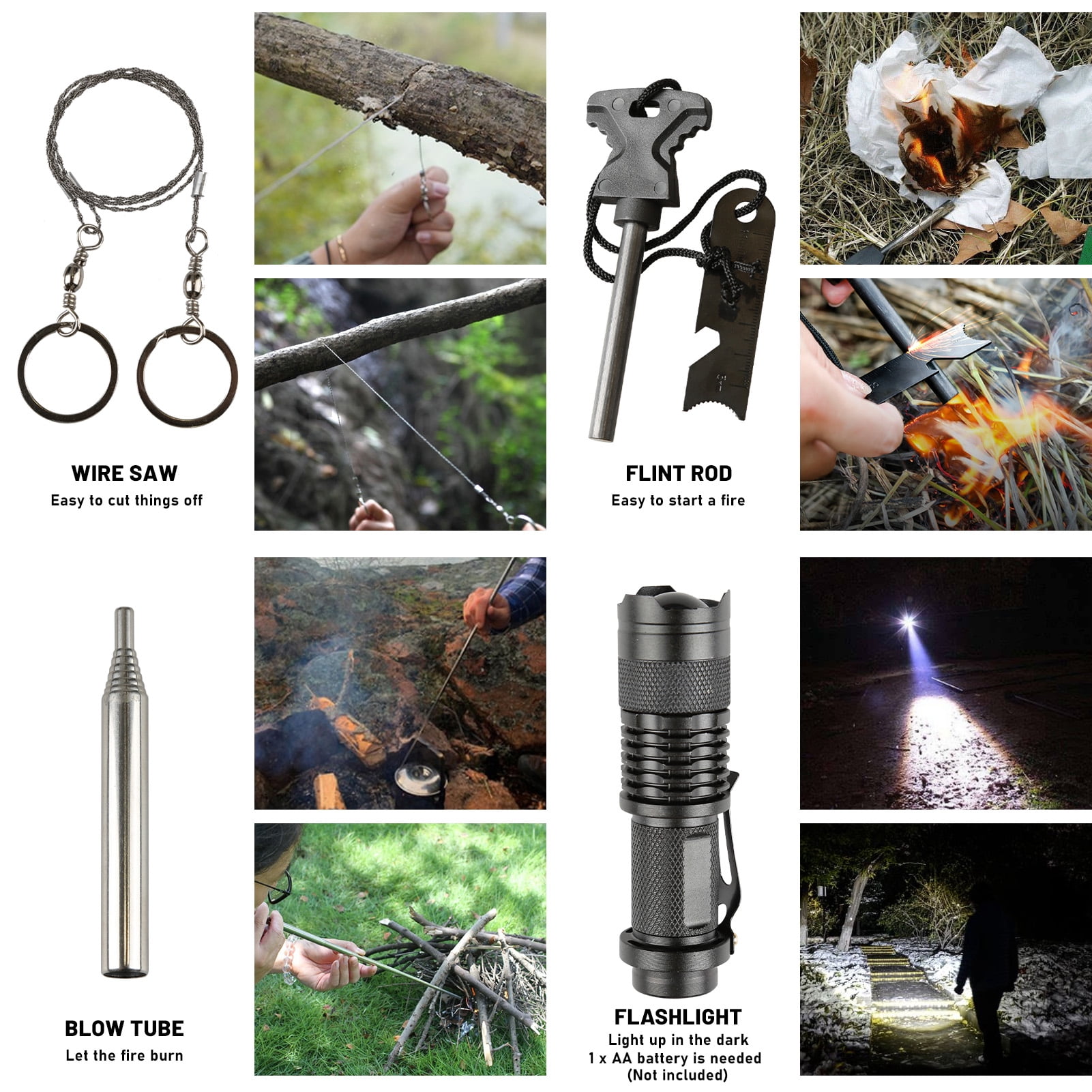 Kit Survie 9-en-1 Lixada – Allume-feu, Couteau, Lampe, Paracorde, Sifflet, Multi-outils – Pour Camping, Randonnée, Pêche, Urgence
