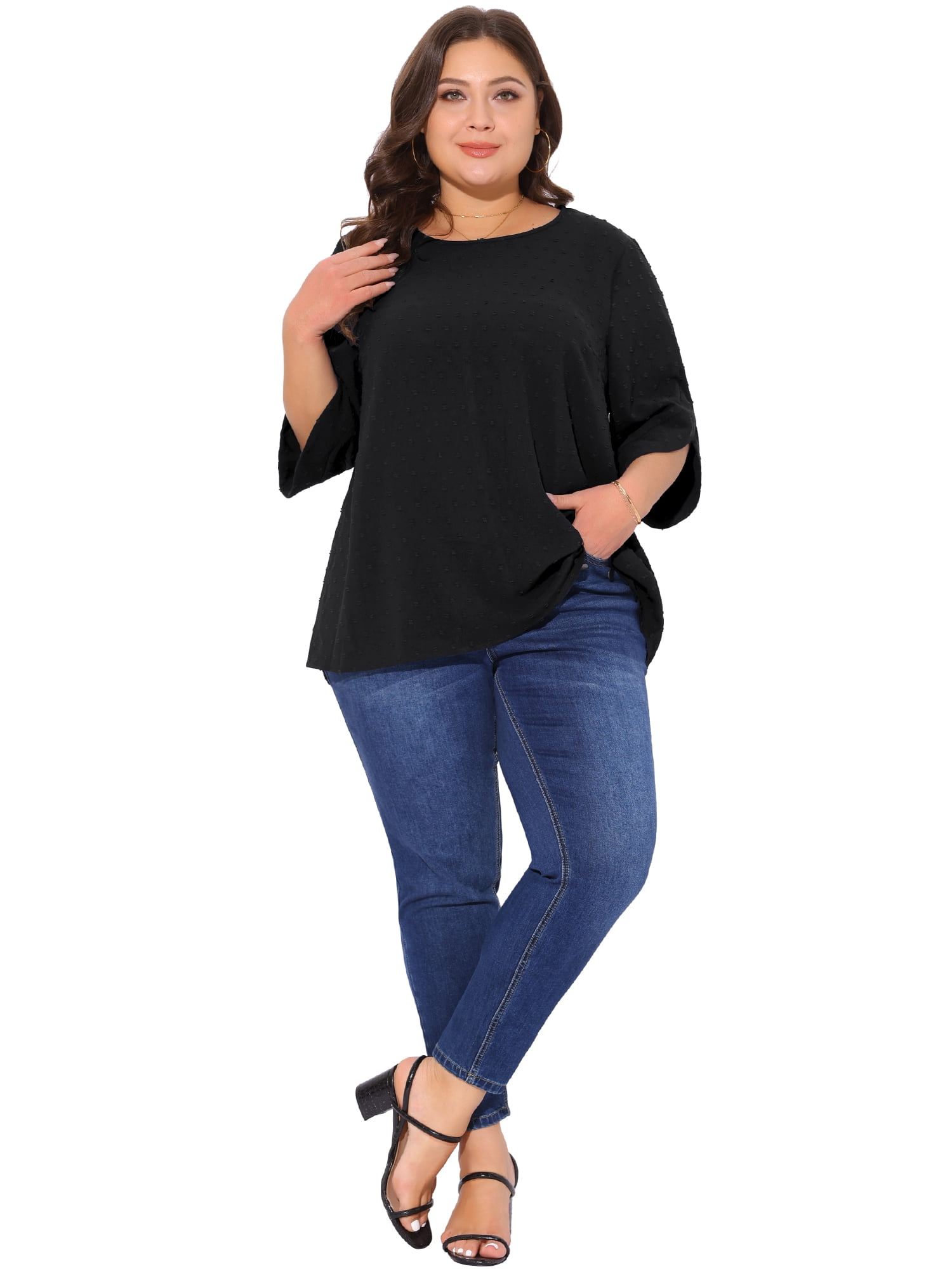 DARING DIVA Women's Plus Petal Sleeve Swiss Dots Blouse T-Shirt Tops 2X Black