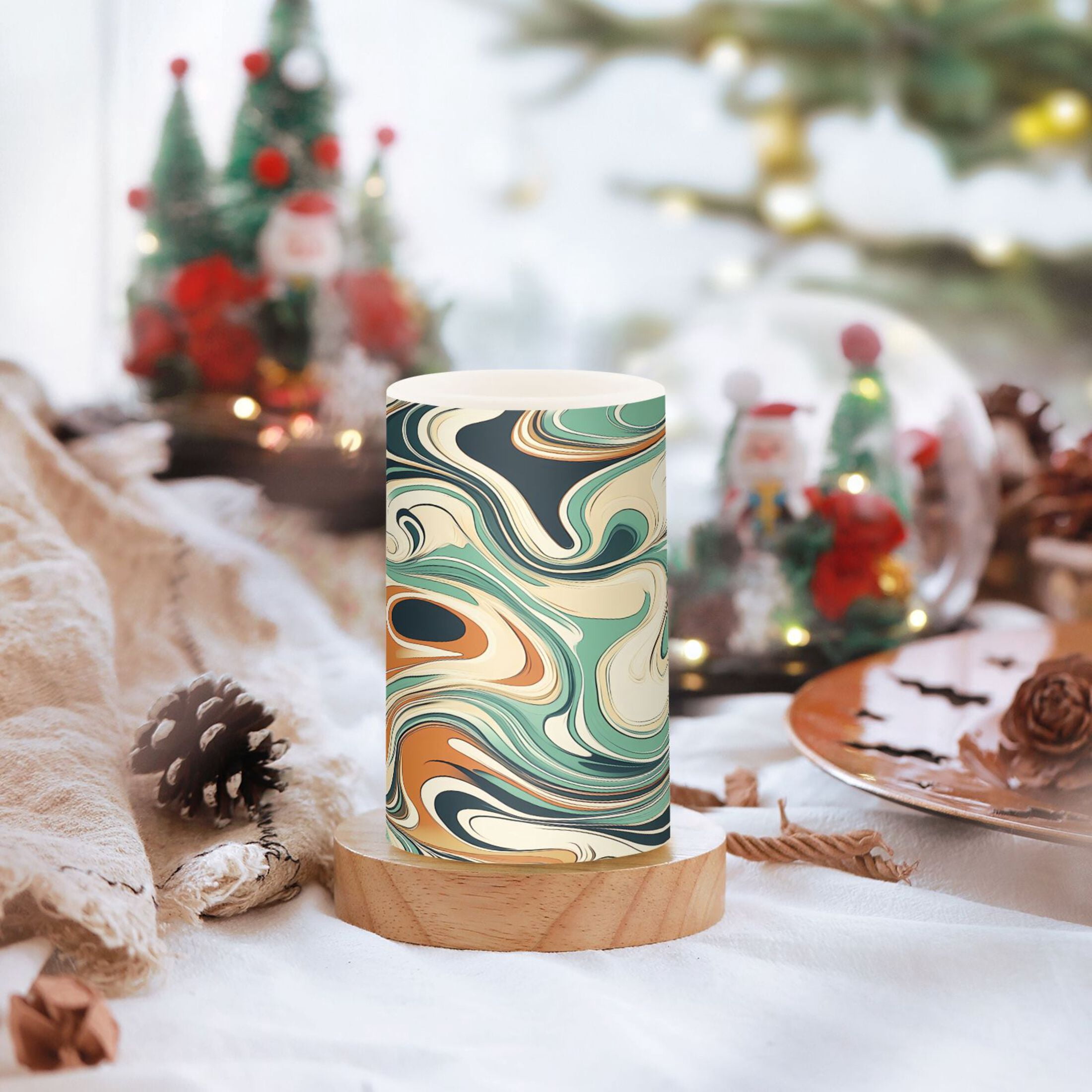 Flickering Flameless LED Candles set of 2 Battery Operated 18-Key Remotes Timer Halloween Fall Decor Teal Orange Marble D3''xH4''5''