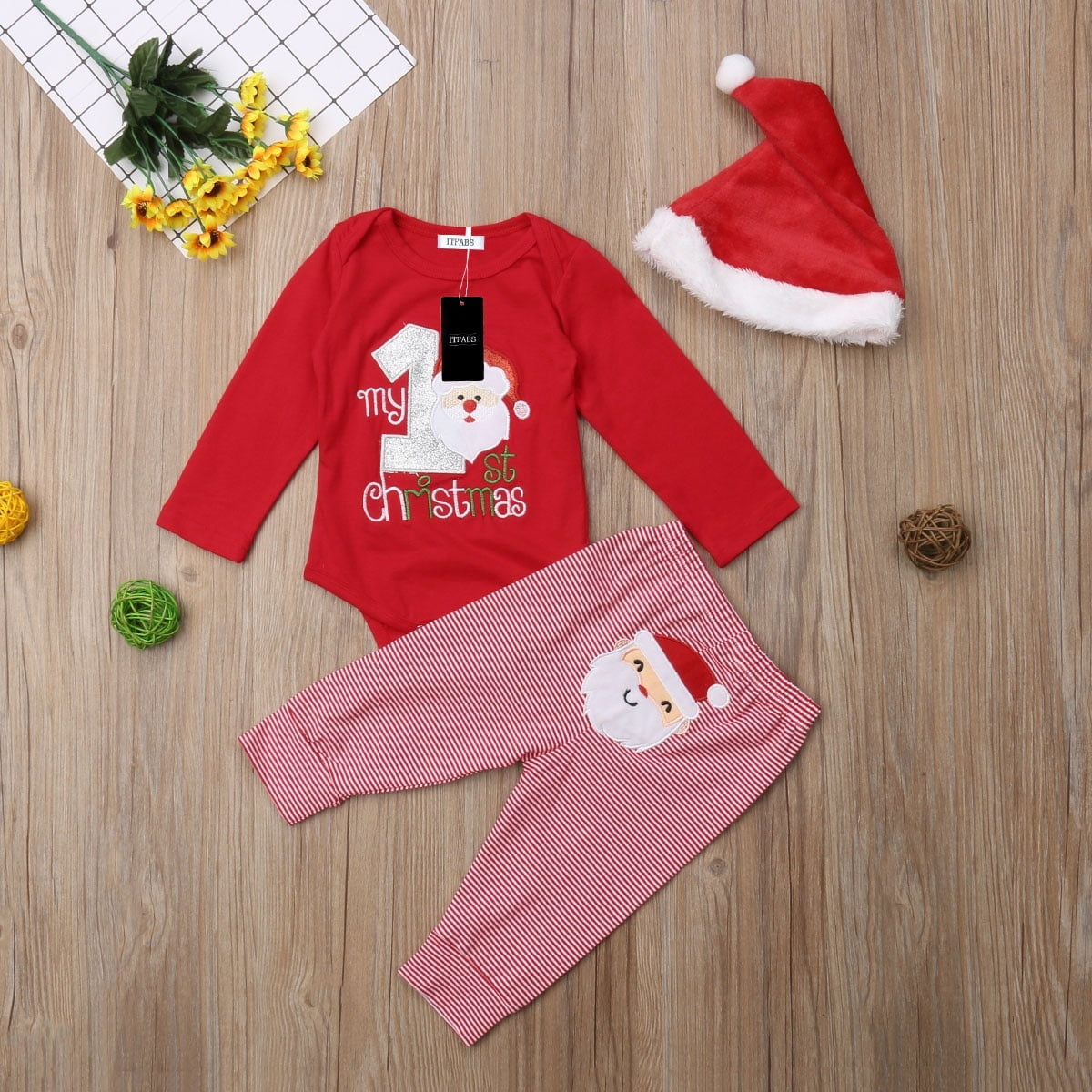 Christmas Newborn Kids Baby Boy Girl Romper Tops Long Pants Hat 3PC Clothes Suit