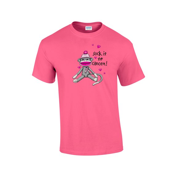 Cancer Awareness T-shirt Sock It to Cancer Monkey Cute Fund Raising Support Breast Raise Unisex Tee Shirt -Neonpk-Large