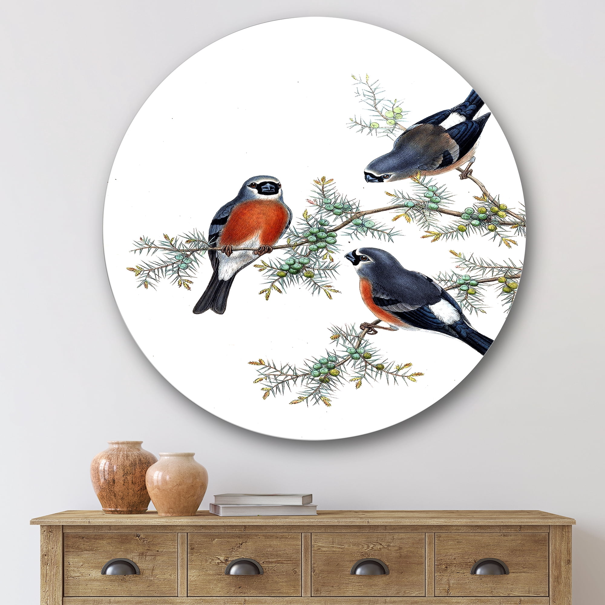 Designart 'Vintage Countryside Birds On Branch III' Farmhouse Circle Metal Wall Art 29x29 - Disc of 29