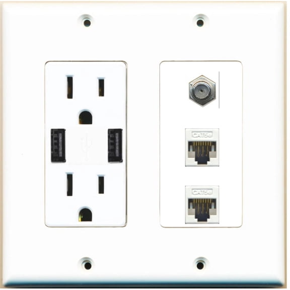 Ultra Spec Cables 1 Port Coax 2 Port Cat5e Ethernet Wall Plate w/2 USB-Charger Power Outlet