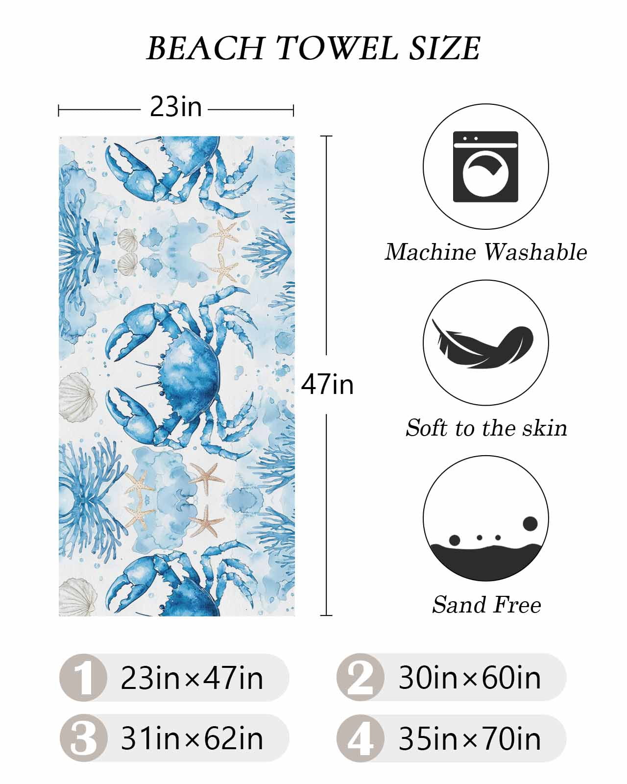 Coastal Crab Beach Towels Oversized Super Absorbent, Summer Beach Starfish Coral Nautical Lightweight Bath Towel Quick Dry Sets For Bathroom/Pool/Rv Camping/Beach Play/Gym Room/Picnic 35"x70"