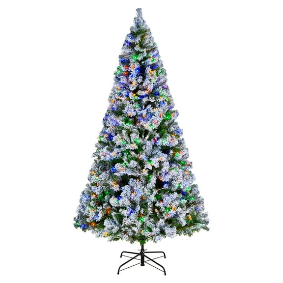 VEVOR Christmas Tree, 7.2ft Prelit Flocked Artificial Tree, Full Holiday Xmas Deco Trees with 470 Colorful LED Lights, 11 Lighting Modes & 1346 Branch Tips for Home Party Office Decoration
