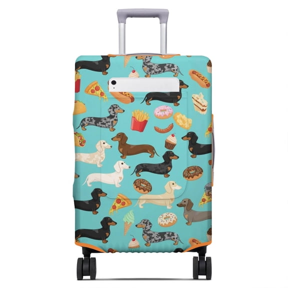 Dachshund and Food Blue Pattern Luggage Cover,Stretch Luggage Protective Sleeve with Front Storage Pocket, Soft Breathable Gift Ideas for Travel Business Trips,S