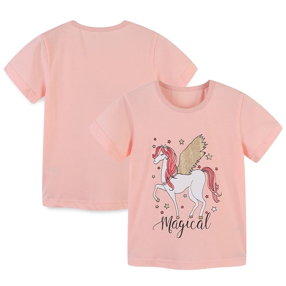 WOLLED Baby Toddler Short Sleeve T-Shirt for Girls Summer 100% Organic Cotton Tee Shirt Kids Crew Neck Cartoon Tees Shirts,Size 2-8T