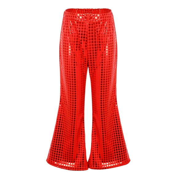 AWZXDE Girls Pants Stage Performance Outfits with Round Sequins Party Carnival Fishtail Leg Long Trousers for Shows and Special Events Red,12-14 Years