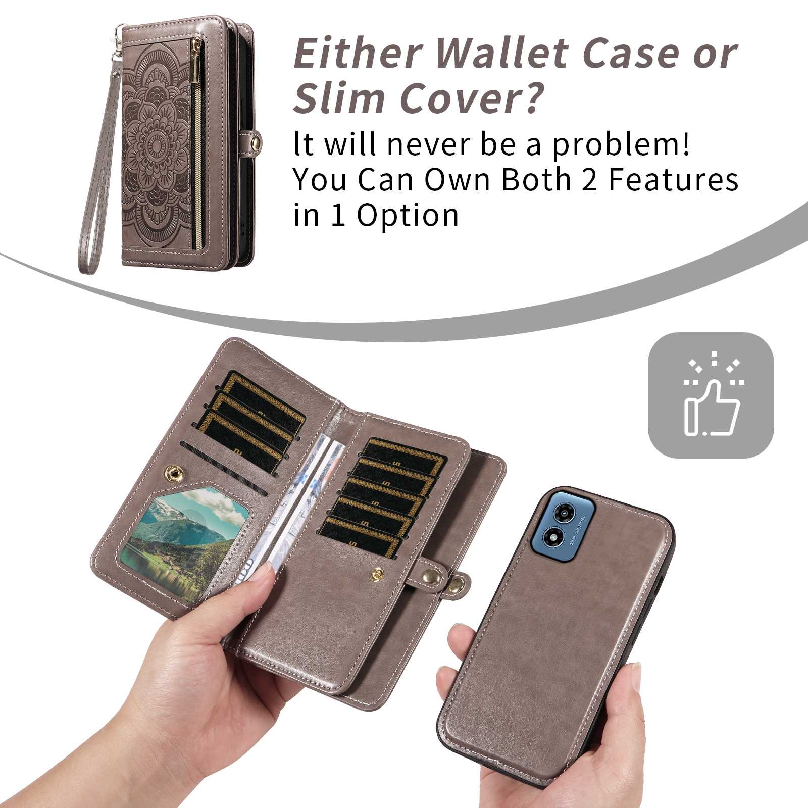 Asuwish Phone Case for Motorola Moto G Play 4G 2024 Zipper Wallet Detachable Cell Cover with Tempered Glass Screen Protector Crossbody Strap Flower Flip Card Holder XT2413V XT2413-1 64GB Women Gray