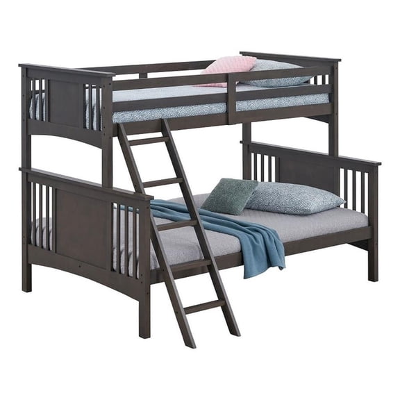 Ricky Twin Over Full Bunk Bed- Angled Ladder- Stain Gray Solid Hardwood