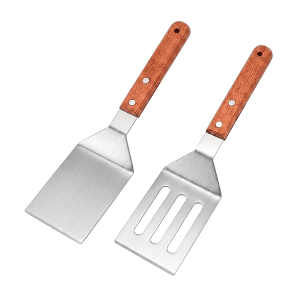 ROSEXIXI Fish Spatula Stainless Steel 2PCS Metal Turner With Wooden Handle Heat Resistant Food Scraper Tool and Steel Spatula Pan Scraper Utensil for Skillets And Frying Pans Griddle Steak Chef Tools