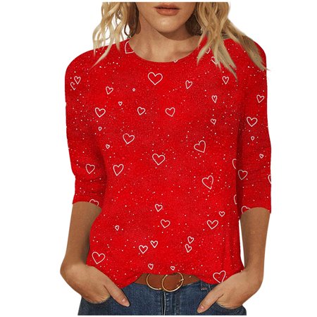 New Arrivals Women's 3/4 Sleeve Round Neck Valentine Heart Print Blouse Valentine's Day My Items