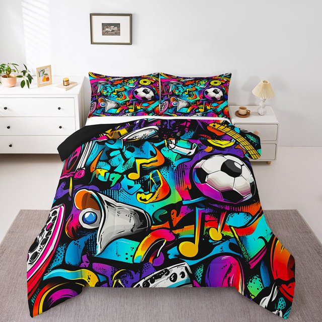 Erosebridal Graffiti Soccer Bedding Comforter Set, Hippie Hip Hop Splatter Down Comforter, Reversible 2 Pieces