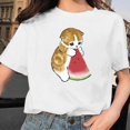thumbnail image 2 of Camiseta blanca informal con cuello redondo y manga corta con estampado de gato bonito para mujer Pompotops hkajfhjk459178, 2 of 5