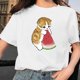 thumbnail image 2 of Camiseta blanca informal con cuello redondo y manga corta con estampado de gato bonito para mujer Pompotops hkajfhjk459174, 2 of 5