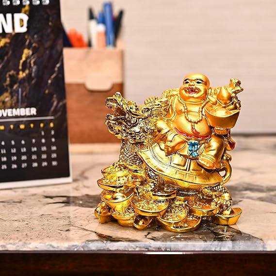 Golden Laughing Buddha on Dragon Tortoise with Ingot – 4.5-Inch Buddha Showpiece for Good Luck, Wealth, Happiness, and Positivity | Decorative Figurine for Home & Office