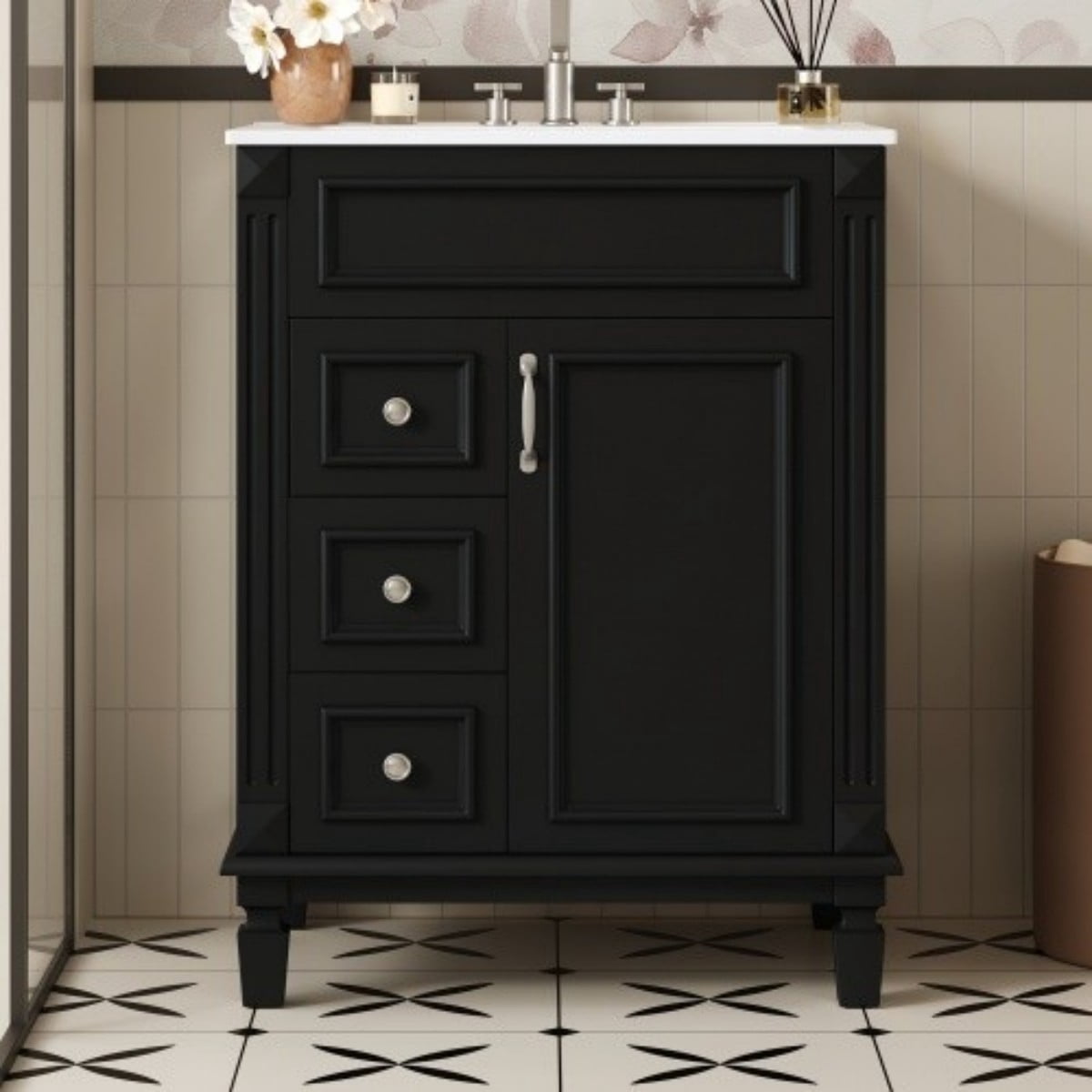 24" Bathroom Vanity with Ceramic Sink, Small Bathroom Vanity Cabinet with 2 Drawers, Adjustable Shelf, Soft-Close Door, Black